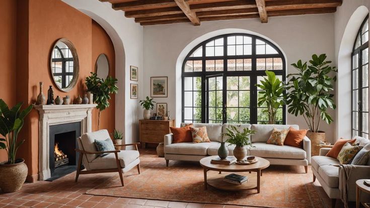 a living room with couches, chairs and a fire place in front of an arched window