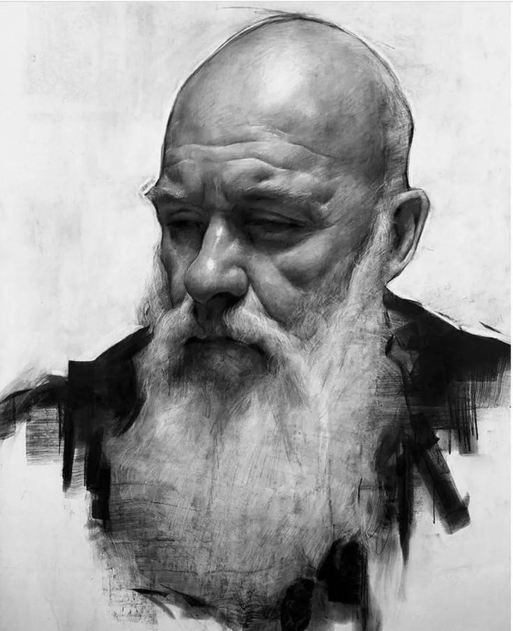 a black and white drawing of an old man with a beard, wearing a shirt