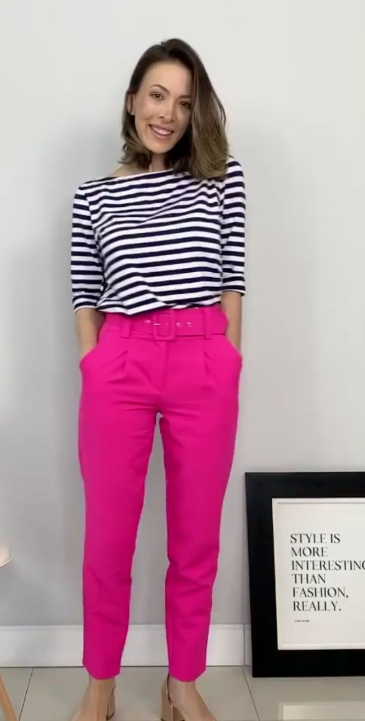 Work Outfits Women Pink Pants, How To Style Pink Trousers Women, Teacher School Outfits, Styling Pink Trousers, Bright Pink Pants Outfit Work, Color Mixing Outfits, How To Wear Pink Pants, Pink Pant Outfits For Women, Pink Work Pants Outfit