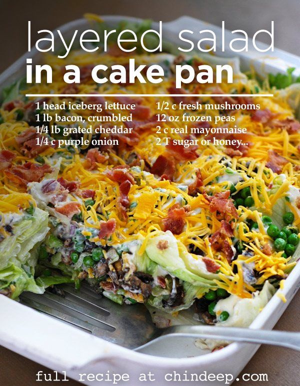 layered salad in a cake pan with bacon, lettuce, cheese and peas