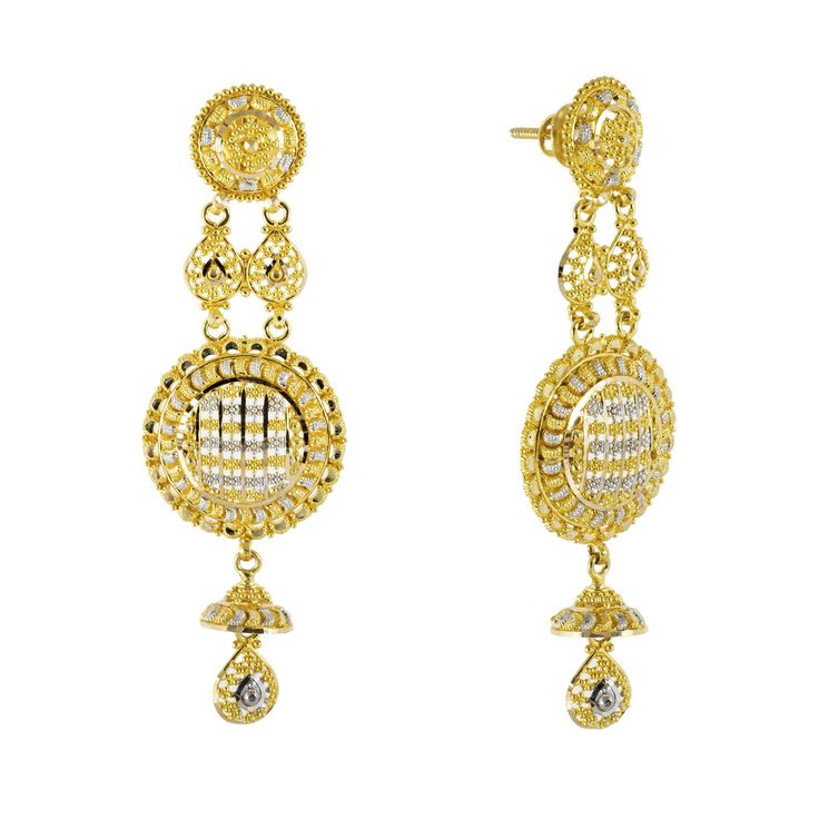 Elevate your wedding ensemble with this elegant 22k gold necklace and earrings set by Virani Jewelers. Crafted with precision and adorned with intricate beaded details, this multi-tone gold bridal jewelry set exudes sophistication and charm. Embrace the beauty of Indian gold jewelry craftsmanship and make a statement of refined taste with this stunning gold set.Features• 22k yellow gold• 22k white gold• Filigree• BeadingNecklace Specifications:• Minimum Width - 1.75 millimeters• Maximum Width - Ornate Gold Dual-tone Earrings, Traditional Bridal Earrings For Reception, Traditional Elegant Bridal Earrings For Reception, Gold-plated Hand Set Jhumkas, Bollywood Style 22k Yellow Gold Bridal Earrings, Traditional Gold Bridal Necklace With Matching Earrings, Bollywood Style Yellow Gold Wedding Danglers, Traditional Gold Jewelry Sets With Matching Earrings, Gold-plated Hand Set Bridal Earrings