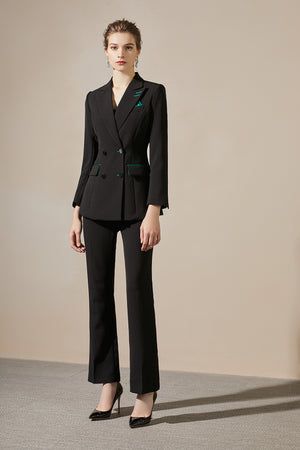 Two Piece Pantsuit - Women Double Breasted Two-piece Pantsuit | FashionByTeresa Elegant Wide-leg Sets With Pockets, Elegant Wide-leg Sets For Spring, Elegant Wide Leg Sets For Spring, Elegant Wide Leg Pantsuit With Pockets, Elegant Tailored Sets With Wide-leg Pants, Elegant Summer Pantsuit With Suit Collar, Elegant Sets With High-waisted Pants And Pockets, Suit Set, Blazer Buttons