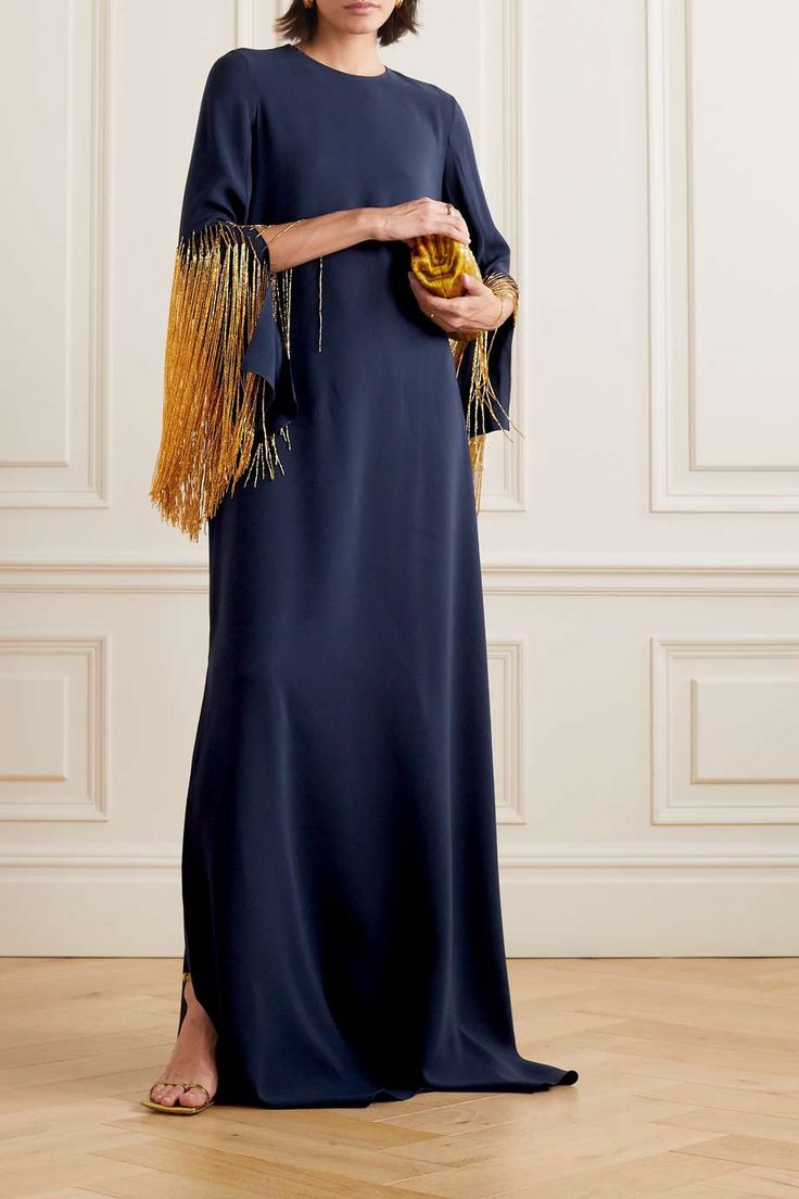 OSCAR DE LA RENTA Fringed silk-crepe gown | NET-A-PORTER Elegant Floor-length Maxi Dress With Tassels, Elegant Tasseled Evening Dress, Evening Fringe Maxi Dress, Floor-length Fringe Evening Dress For Gala, Evening Fringe Floor-length Maxi Dress, Evening Fringed Floor-length Maxi Dress, Floor-length Dresses With Tassels For Gala, Floor-length Gala Dresses With Tassels, Fringe Floor-length Evening Dress