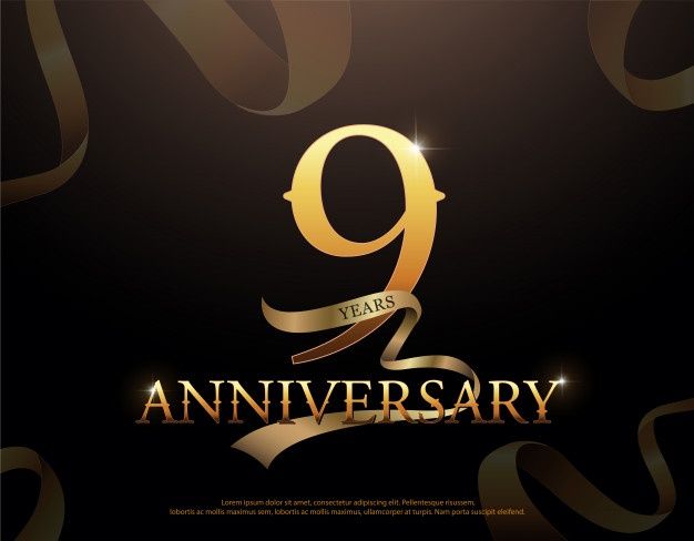 an anniversary card with the number nine in gold on a black background and streamers