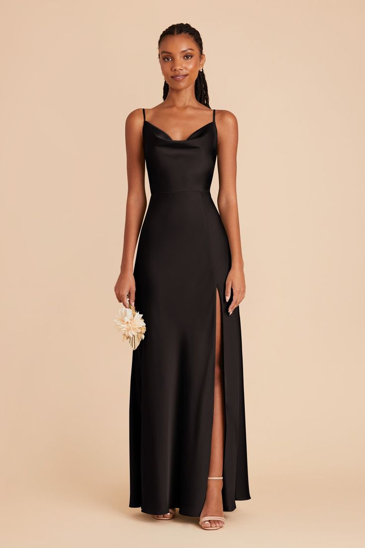 Featuring a 90's cowl neck, this floor-length matte satin bridesmaid dress is a head-turning statuesque beauty. Available in Black. Our matte satin midi got a glow-up! | Black Bridesmaid Dress Matte Satin Size 2X | Birdy Grey Lisa Long