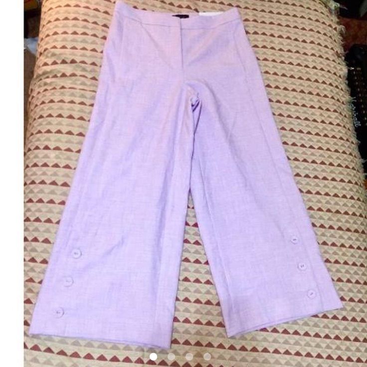 Nwts Ann Taylor Pastel Purple Wide Leg Long Dress Pants Fashion Buttons On Both Bottom Leg Hems (Pictured) Wide Leg, Hits Above The Ankle, Fitted Through The Hip, Easy Through The Thigh. Color Is A Pastel Purple -Very Pale Size 2 By Ann Taylor New With Tags - Not The Price Tags, Just The Staple Tag On The Waist Band. Never Worn No Known Flaws Smoke Free Home Ships In 2-7 Days-Please Read Shop Policies Policies Before Purchasing/Rating Price Mostly Firm- Offers Only Within A 5-15% Discount Asking High-waist Lavender Pants For Spring, Lavender Wide Leg Bottoms For Summer, Lavender Wide-leg Bottoms For Summer, Spring Lavender Fitted Bottoms, Casual Lavender Pants For Spring, Lavender Trousers For Spring, Summer Workwear Purple Pants, Purple Summer Workwear Pants, Purple Spring Workwear Bottoms