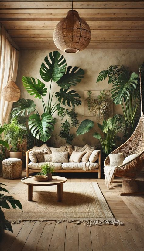 a living room filled with lots of plants and wicker furniture on top of wooden floors