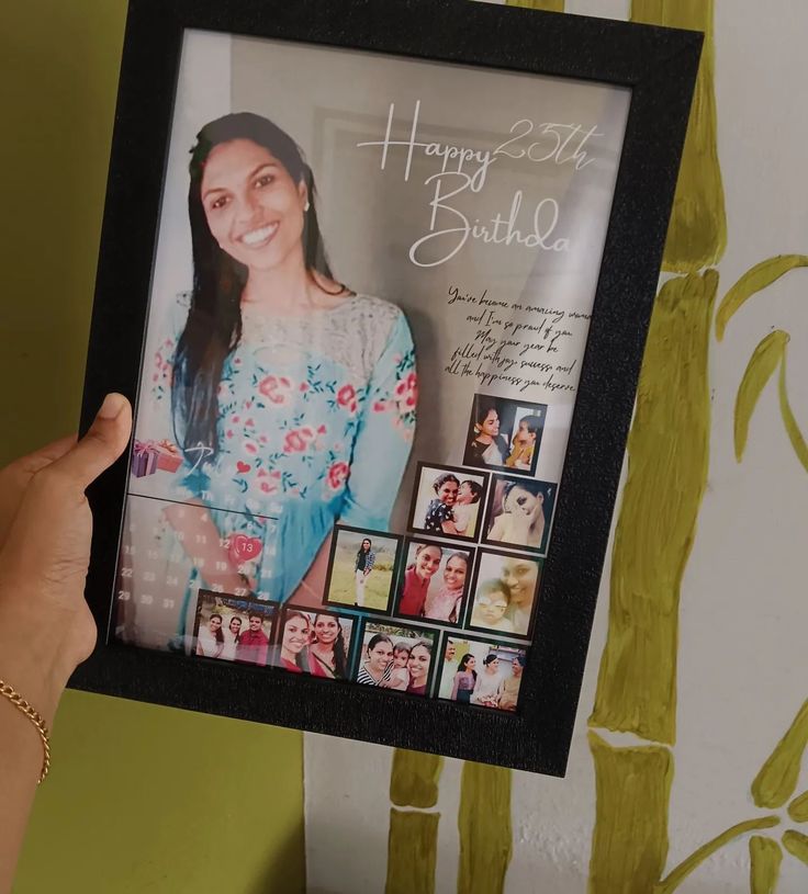 a woman holding up a framed photo with photos on it and the words happy birthday