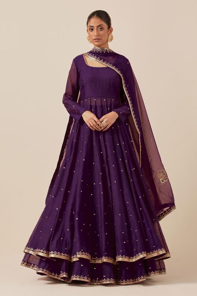 Purple anarkali with sequin hand embroidery and gathered detail. Paired with attached can can skirt and embroidered dupatta.
Components: 3
Pattern: Embroidered
Type Of Work: Sequin
Neckline: Scoop
Sleeve Type: Sheer
Fabric: Chanderi
Color: Purple
Other Details: 
Weight: 3 kgs
Length:
Anarkali: 55 inches
Skirt: 45 inches
Model is wearing size S
Occasion: Sangeet - Aza Fashions Anarkali Skirt, Anarkali Designs, Anarkali Dress Pattern, Dress Design Patterns, Violet Color, Simple Pakistani Dresses, Designer Party Wear Dresses, Designer Dresses Casual, Stylish Party Dresses