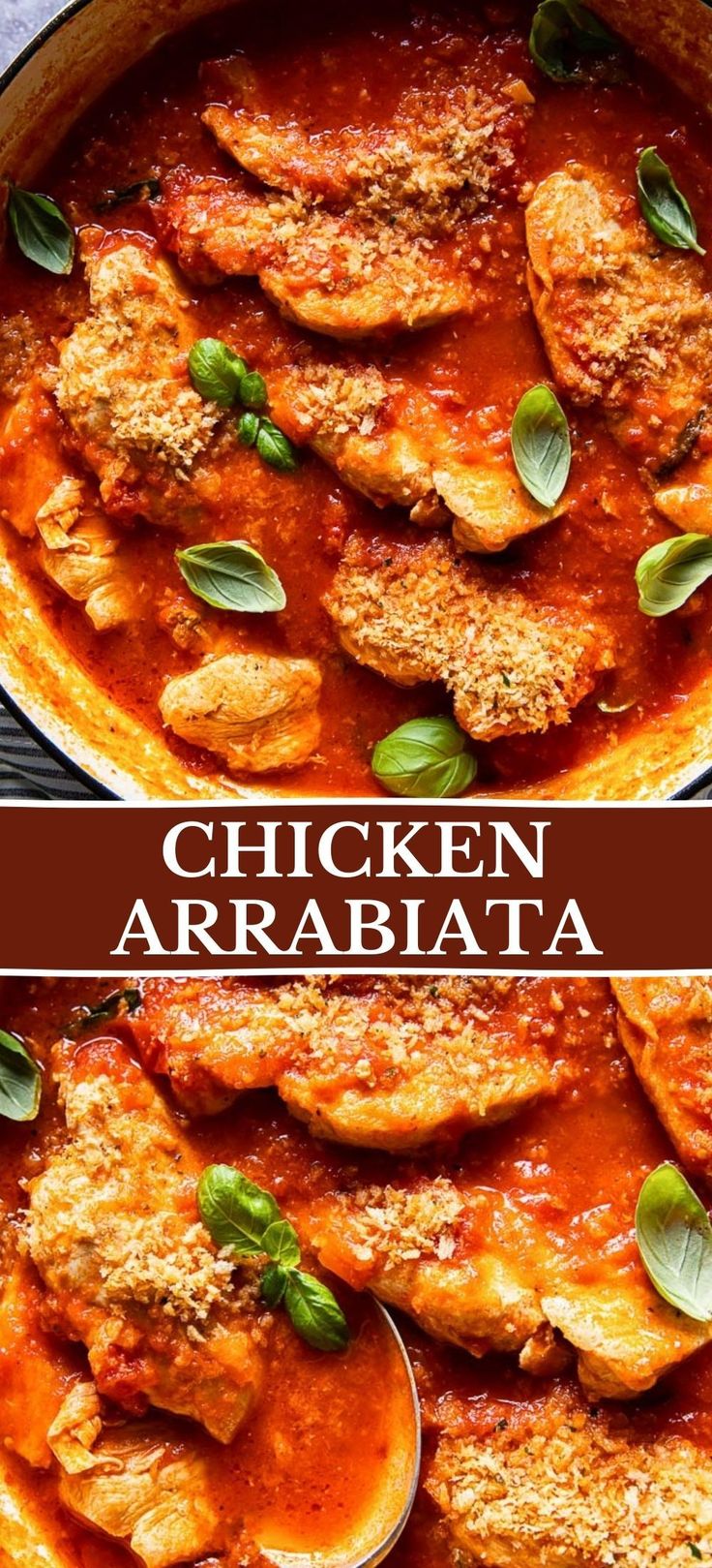 chicken arrabatta in a red sauce with basil leaves on top and the words chicken arrabatta above it