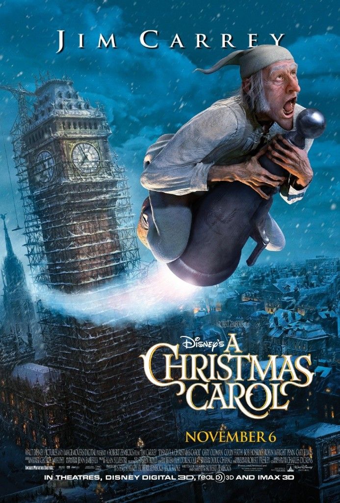 a movie poster for a christmas carol with an image of a man flying through the air