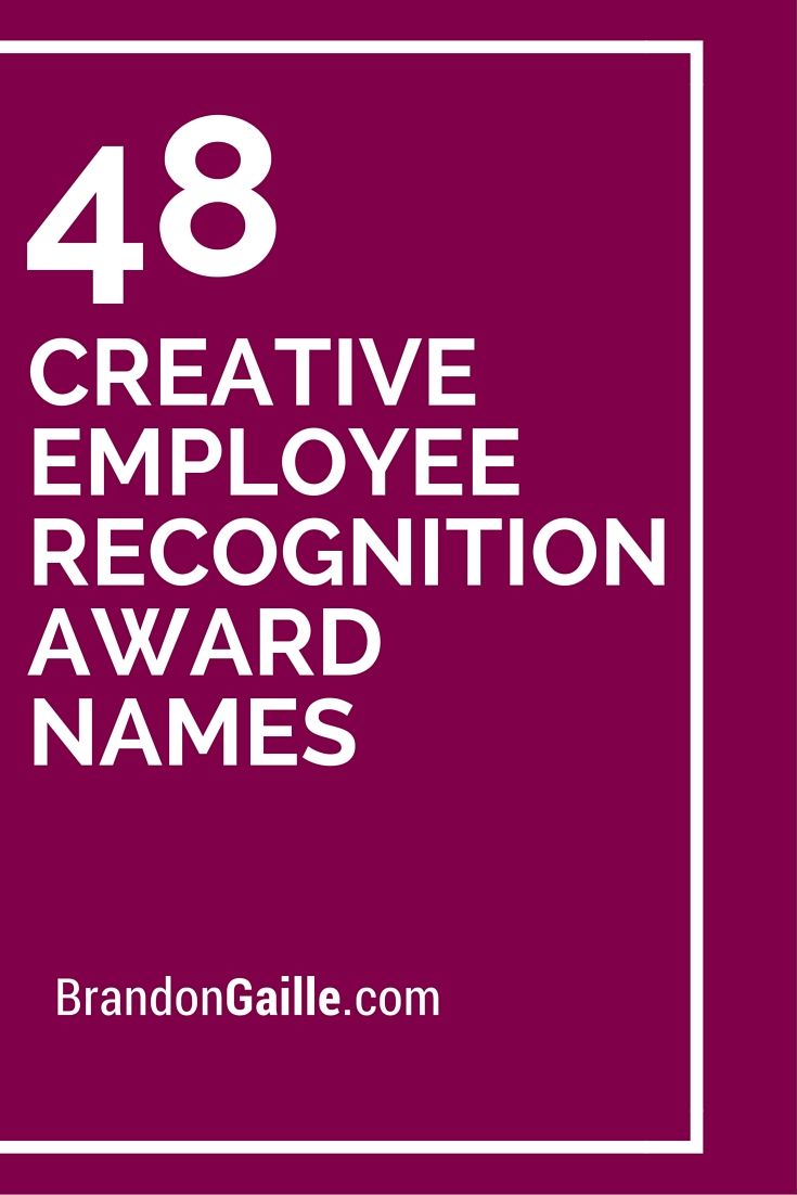 the words, 48 creative employee recognition award names are in white on a purple background