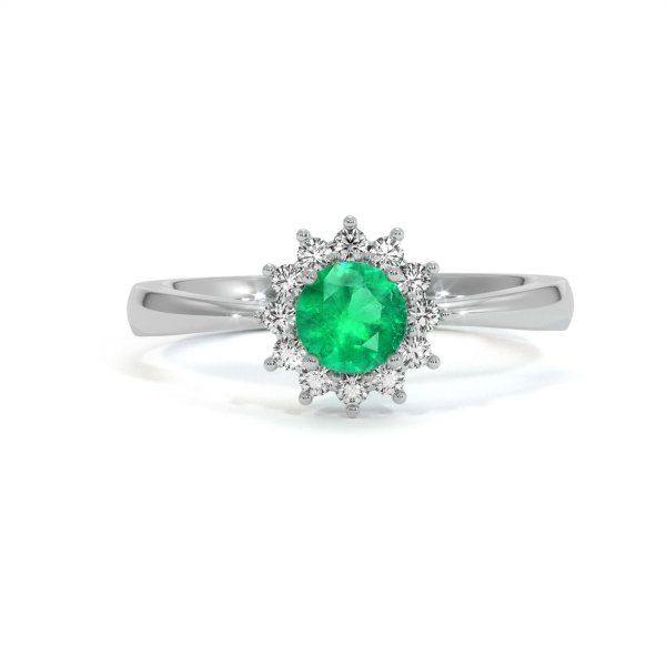 Intense Round Emerald circled with VS1 White Diamonds in an 18k White Gold setting. The Emerald is 4.50 x 4.50 x 3.05mm and has minor clarity enhancement. The Diamonds have no enhancement.  #emerald  #engagementringssimple #gorgeousrings #ringstyles #weddingringsemerald #emeraldweddingring Emerald Ring With Vvs Clarity Round Cut, Elegant Green Emerald Ring With Halo Setting, Elegant Green Diamond Ring With Halo Design, Luxury Green Cluster Ring With Center Stone, Elegant Green Gemstone Halo Ring, Green Oval Diamond Ring With Vvs Clarity, Luxury Green Cluster Ring With Round Cut, Dazzling Green Diamond Ring, Elegant Green Round Cut Halo Ring