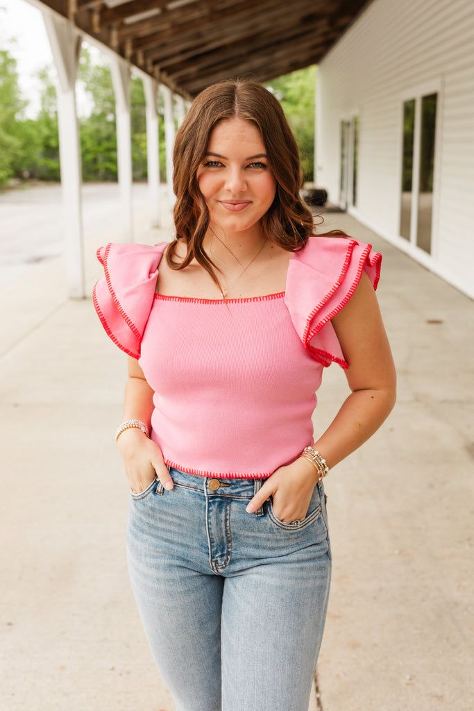 mabel top in pink Trendy Pink Ruffled Tops, Pink Ruffle Sleeve Top For Day Out, Cute Pink Ruffle Sleeve Top, Feminine Pink Ruffled Tops, Playful Pink Ruffled Tops, Casual Work Wear, Ruffled Sleeves, Shop Maxi Dresses, Cardigan Jacket