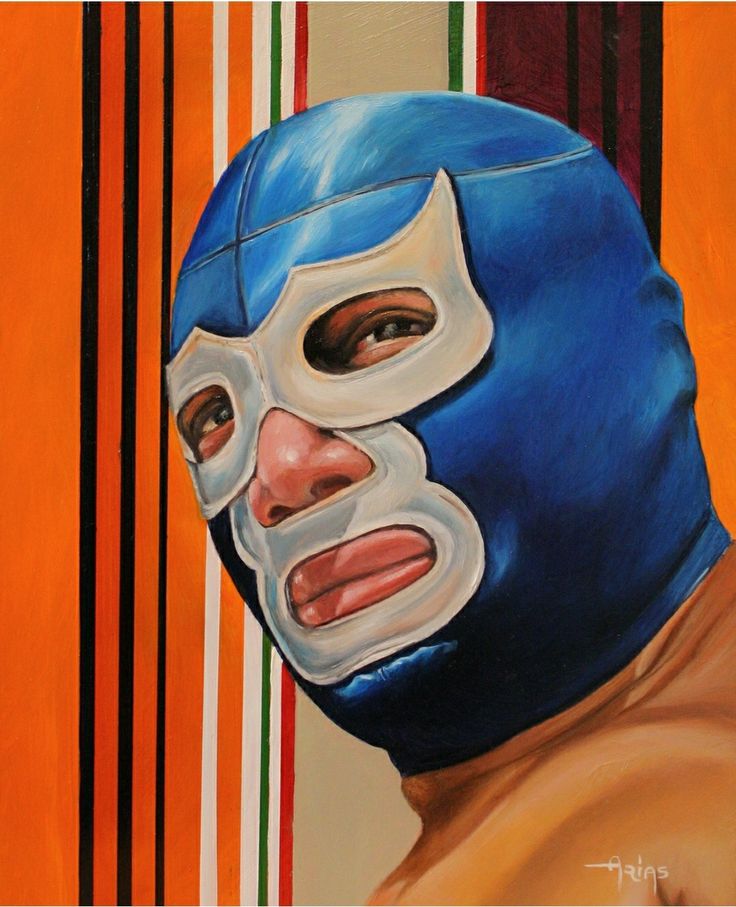 an acrylic painting of a man wearing a blue wrestling mask with stripes in the background