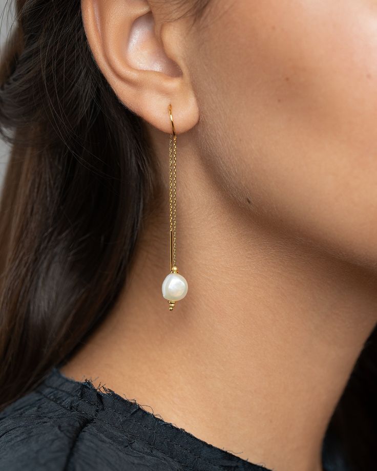 Baroque Pearl Chain Gold Earrings - Perfect Bridesmaid Jewelry for Modern Weddings - CHE048 Elegant Gold Plated Linear Earrings For Evening, Elegant Gold Plated Linear Earrings For Anniversary, Dainty Linear Drop Earrings For Formal Occasions, Elegant Gold Plated Long Drop Earrings, Elegant Linear Earrings With Ear Wire, Elegant Round Linear Earrings With Ear Wire, Elegant Gold Plated Linear Earrings, Formal Gold Plated Linear Earrings, Elegant Linear Earrings With Ear Wire For Formal Events