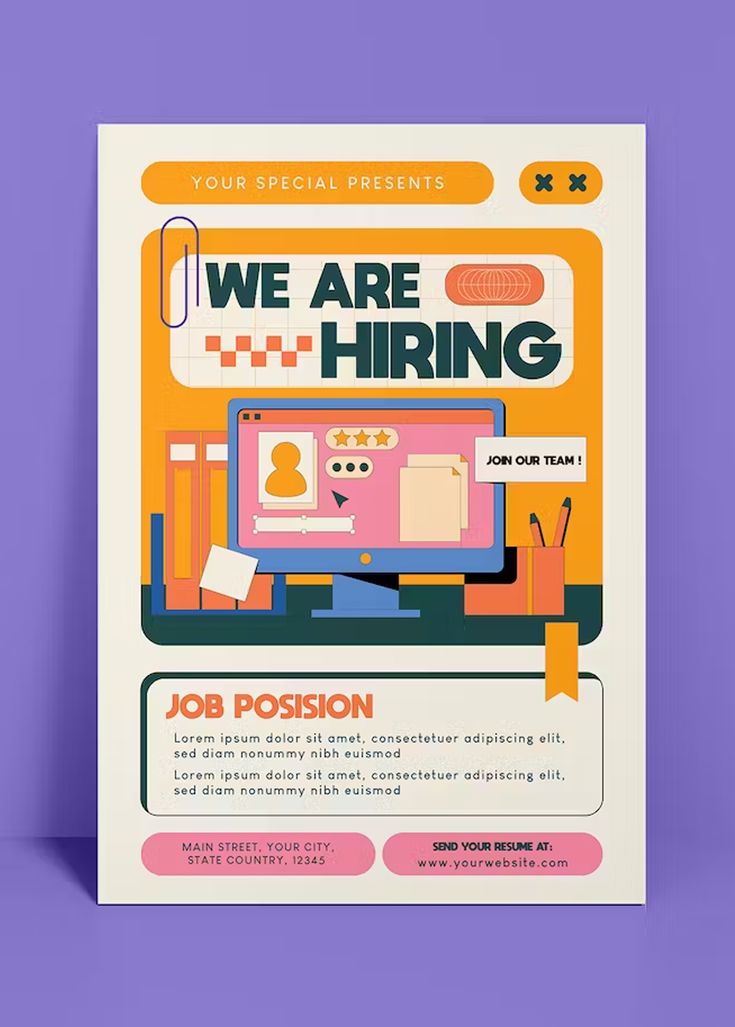 a poster with the words we are hiring and an image of a computer screen on it