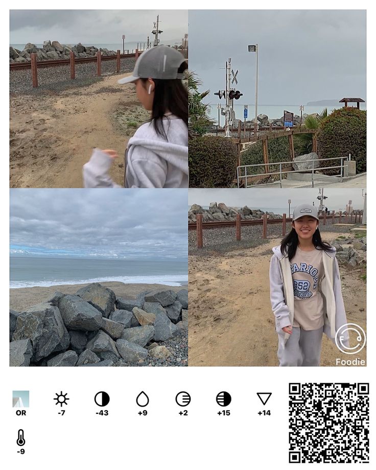 a girl standing on top of a sandy beach next to the ocean with qr code in front of her