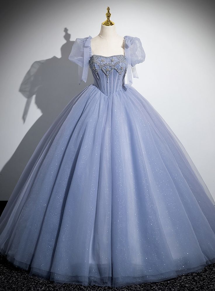 Princess Ball Gowns With Sleeves, Cinderella Tulle Dress, Gowns Dresses Elegant Princesses, Debut Dresses Filipino Blue, Tulle Gown With Sleeves, Pretty Ball Gowns, Winter Ball Gowns, Light Blue Princess Dress, Puff Sleeve Prom Dress