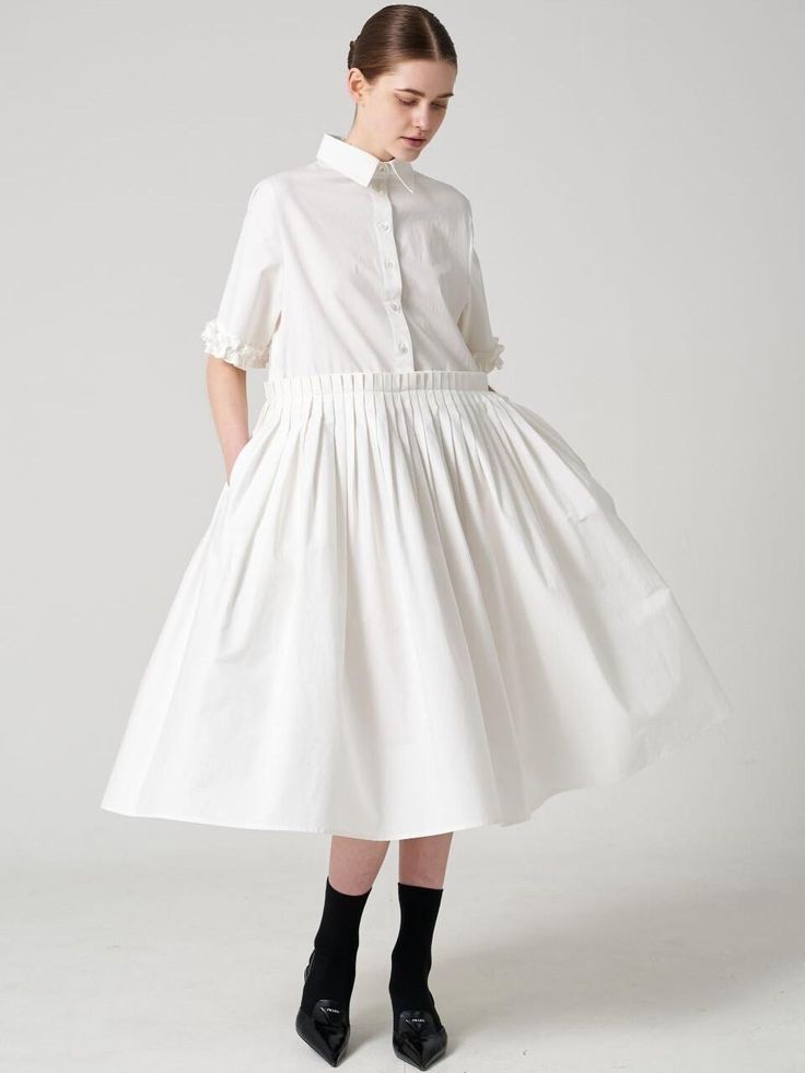 Color : WHITE FREECountry of Origin : KOREA White Dresses With Pleated Sleeves For Daywear, Spring Midi Dress With Pleated Waist And Voluminous Skirt, White Pleated Midi Dress With Short Sleeves, Pleated A-line Dress With Relaxed Skirt, Formal White Dress With Voluminous Skirt, Pleated Summer Dress With Relaxed Fit, Casual White Pleated Dresses, Summer Pleated Dress With Relaxed Fit, Classic White Dress With Pleated Waist