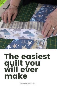 an older woman is cutting fabric with scissors on a sewing machine and the text reads, the easiest quilt you will ever make