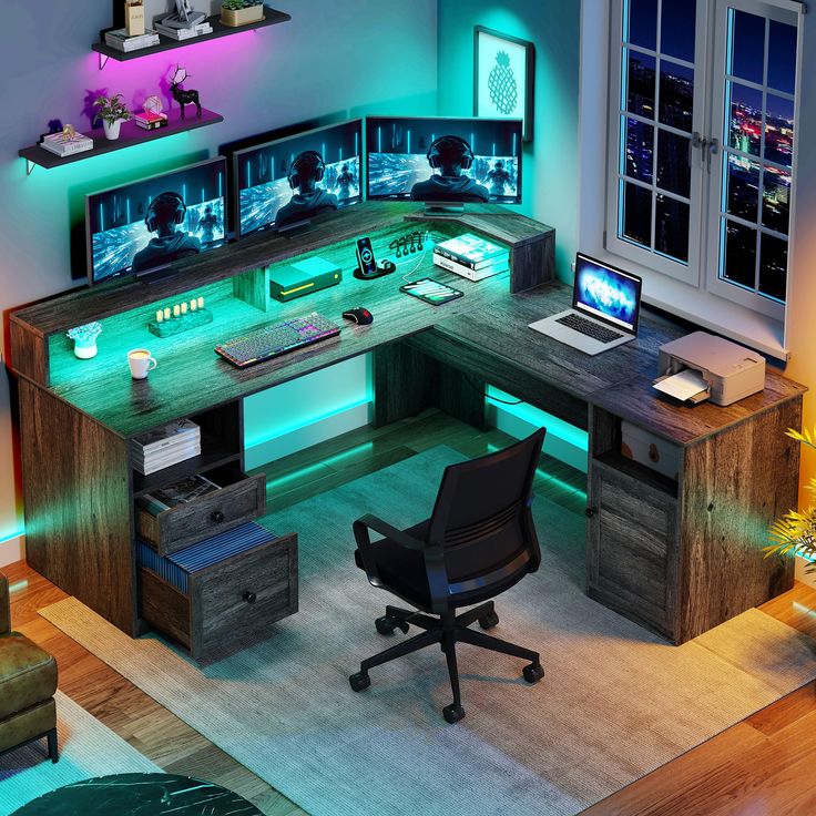 a computer desk with three monitors and a chair in front of it at night time