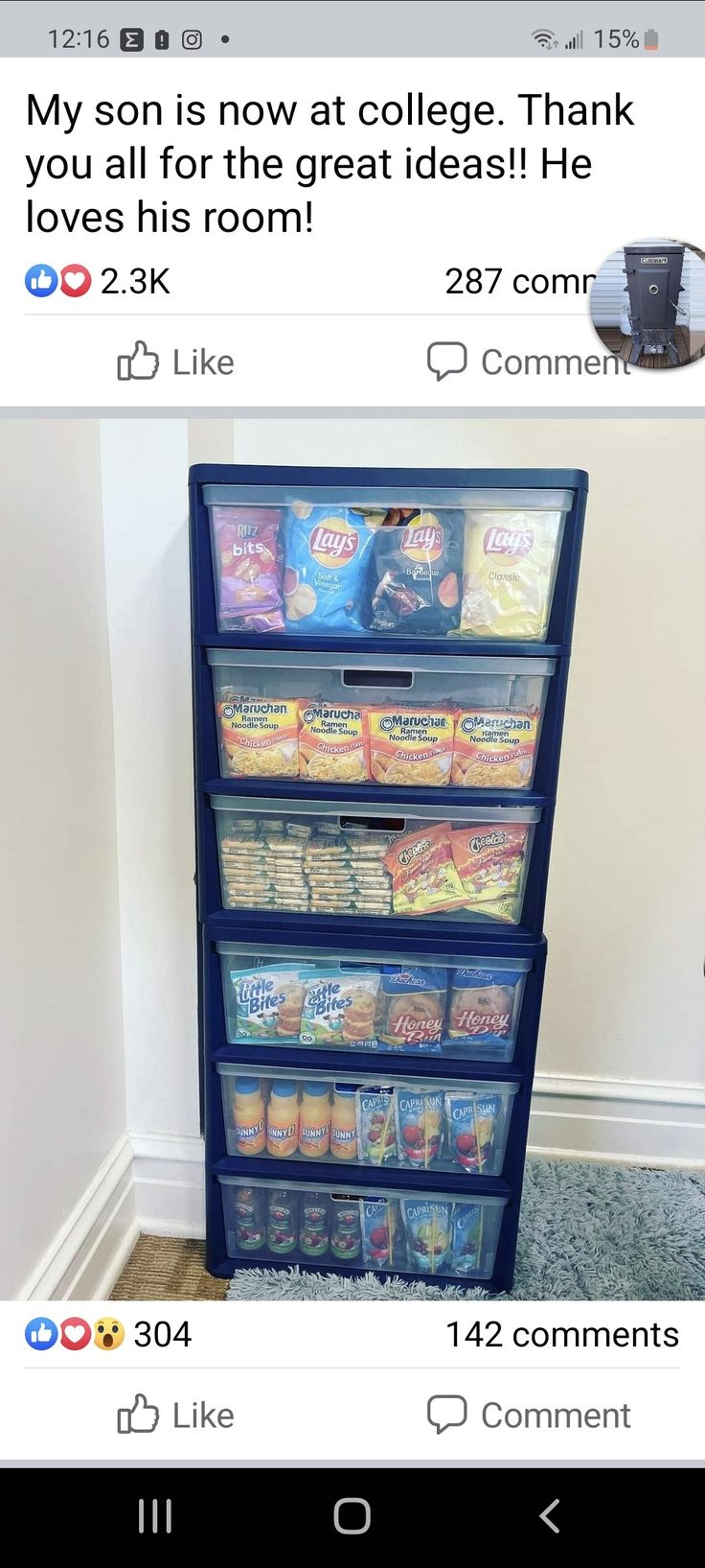 an image of a shelf with snacks on it and the caption reads, my son is now at college thank you all for the great deal he loves his room