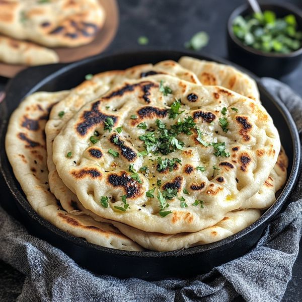 several flat breads in a black pan on a table with bowls of greens and sauce