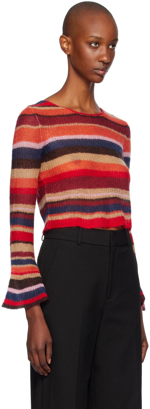 Semi-sheer rib knit nylon- and mohair-blend sweater. Stripes throughout. · Crewneck · Bell sleeves Supplier color: Autumnal faded Color Work Sweater, Work Sweater, Work Sweaters, Latest Sweater, Bell Sleeve Sweater, Wool Turtleneck, Vintage Sweater, Striped Sweater, Vintage Sweaters