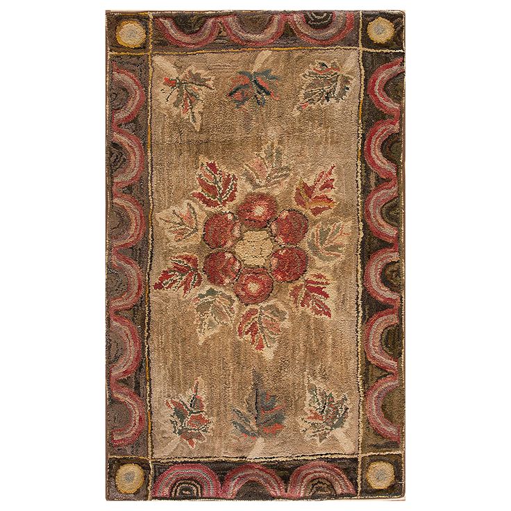 an area rug with red, brown and beige flowers on the center is surrounded by circles