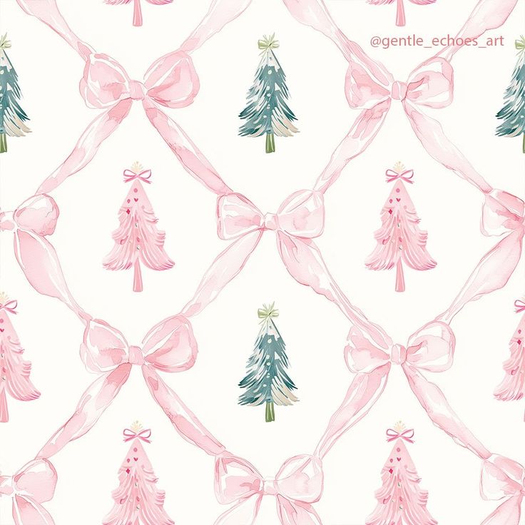 a christmas tree pattern with pink bows and ribbons on a white background that is drawn in watercolor