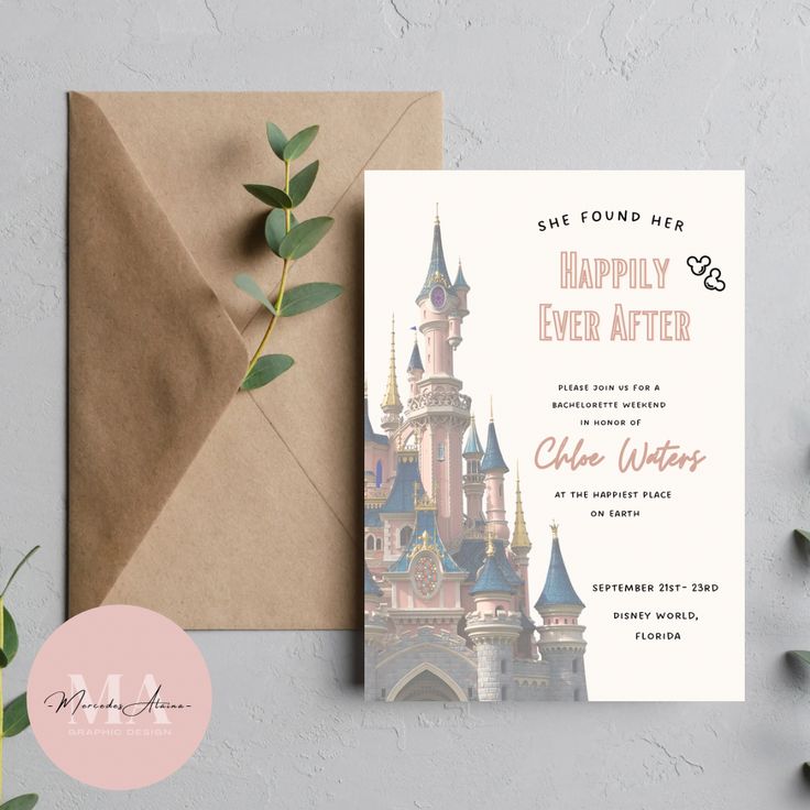 a wedding card with an image of a castle on it and the words happily ever after