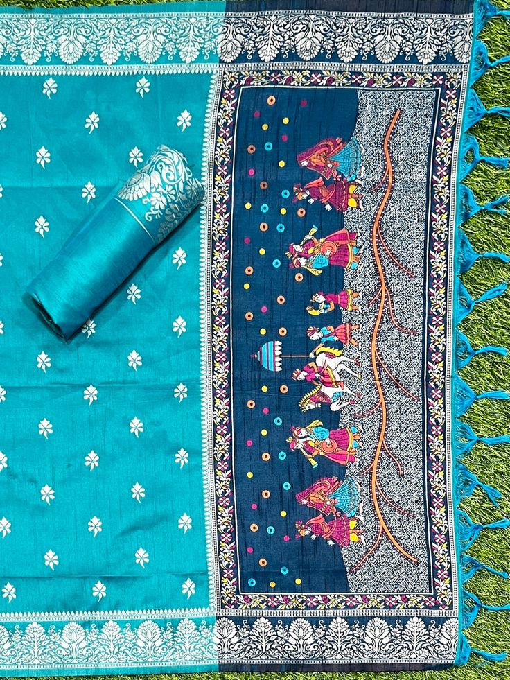 Product Details Teal Blue Unstitched Salwar Suit in kalamkari Raw Silk Elevated with Kalamkari Thread Woven Work Accompanied by an Unstitched Kurta, Bottom and Dupatta with Tassels Comes with the Vishnu Weaves Promise of Premium Quality Size & Fit Kurta & Bottom : 5.20 Mtrs Dupatta : 2.40 Mtrs Material & Care Dry Wash Only Blue Handloom Dola Silk Dupatta, Blue Tussar Silk Dupatta With Pallu, Blue Cotton Dupatta With Zari Weaving, Diwali Blue Tussar Silk Dupatta, Blue Tussar Silk Dupatta With Zari Weaving, Saree Dress, Salwar Suits, Raw Silk, Teal Blue