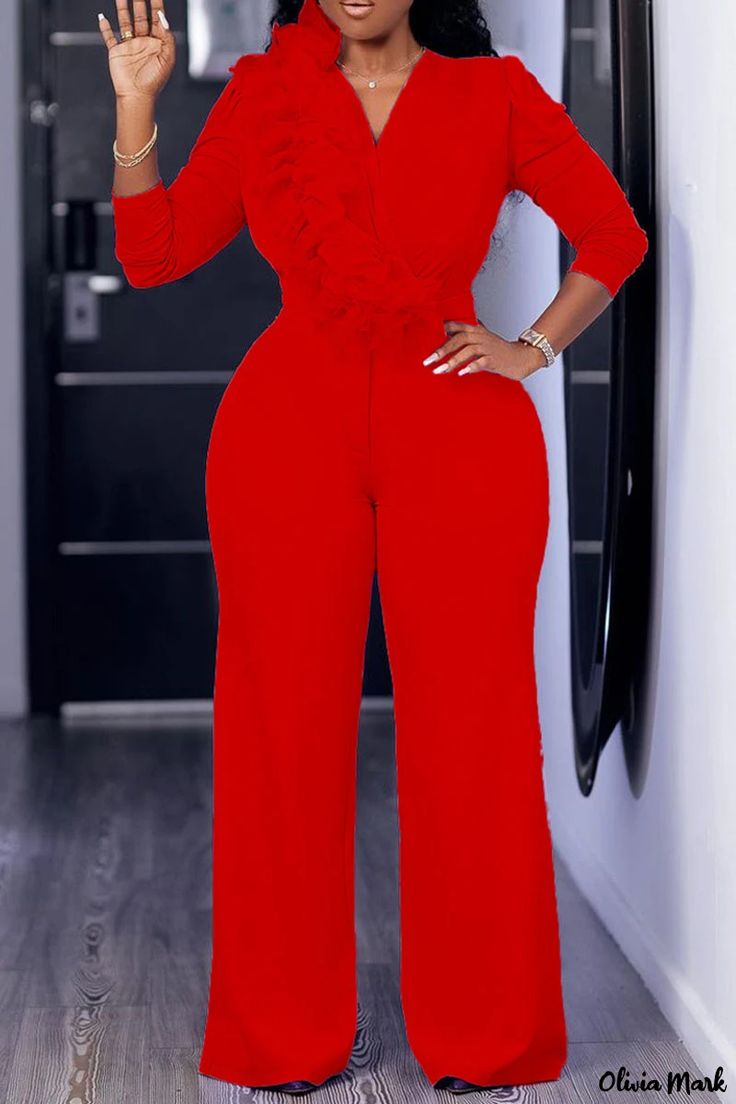 Olivia Mark - Premium Womens Solid Red Patchwork Appliqué V-Neck Jumpsuit with Elegant Design Red Party Jumpsuits And Rompers, Red Fitted V-neck Jumpsuit, Red Solid Color Jumpsuit For Night Out, Red Solid Color Jumpsuits And Rompers For Night Out, Red Fitted V-neck Jumpsuits And Rompers, Red V-neck Fitted Jumpsuit, Elegant Red Long Sleeve Bodysuit, Fitted Red Jumpsuits And Rompers, Red V-neck Jumpsuit And Romper