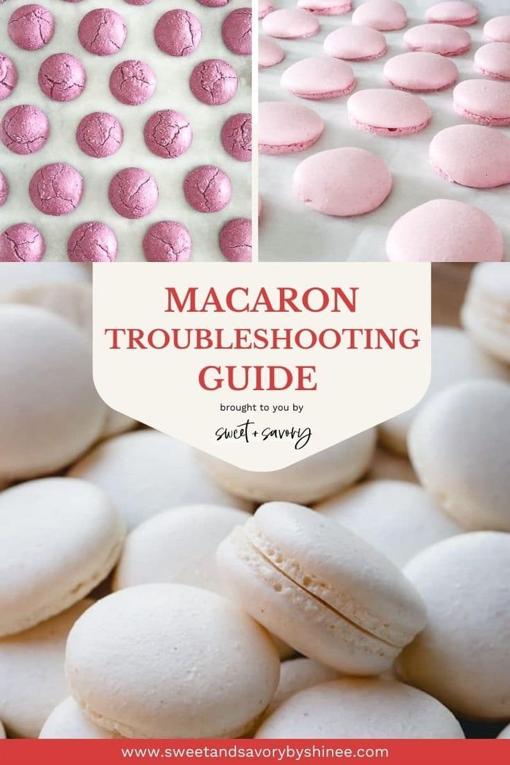 macaron troubleshooting guide with pink and white macarons