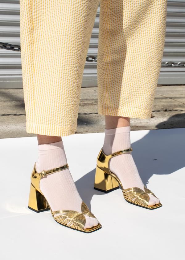 Suzanne Rae 70s Strappy Sandal High Heel Shine Gold Suzanne Rae, Metallic High Heels, Holiday Wear, Leather Shops, Dream Shoes, Gold Leather, Metallic Leather, Strappy Sandals, Leather Cover