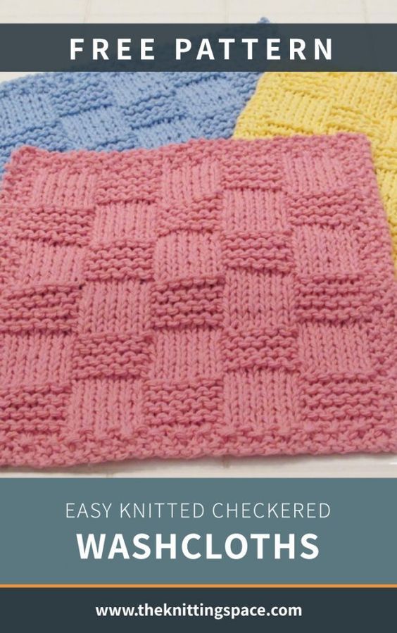 three knitted checkered washcloths with text overlay that says free pattern