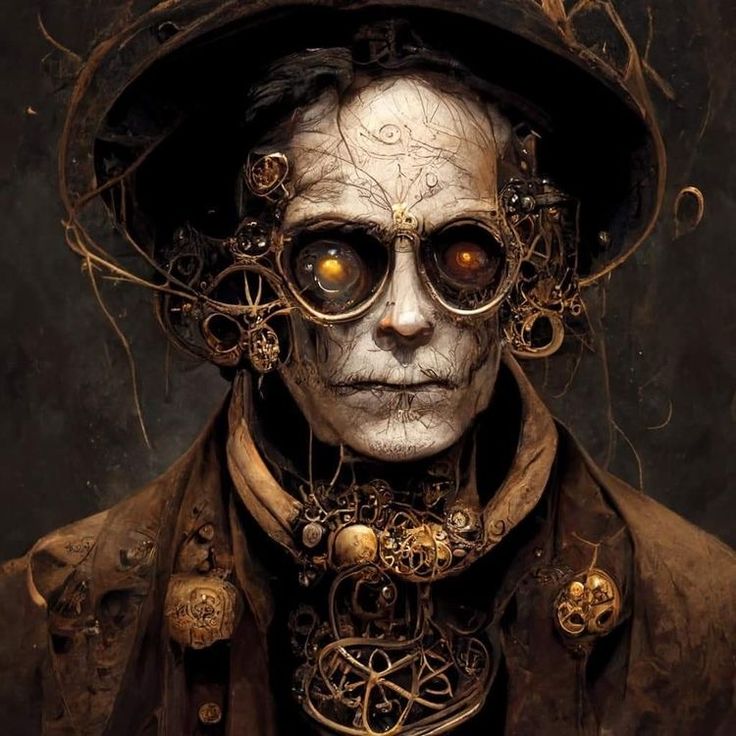 a skeleton wearing steampunk clothing and a hat with gears on it's head