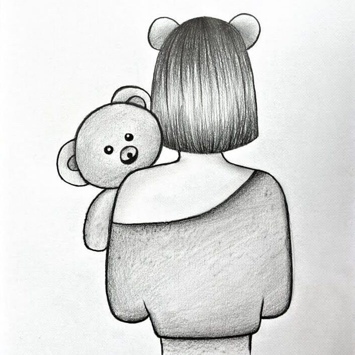 a drawing of a woman holding a teddy bear