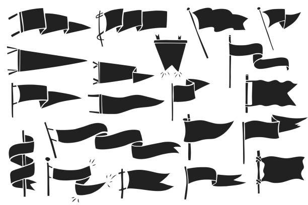 a set of black and white flags with different shapes, sizes and colors stock illustration