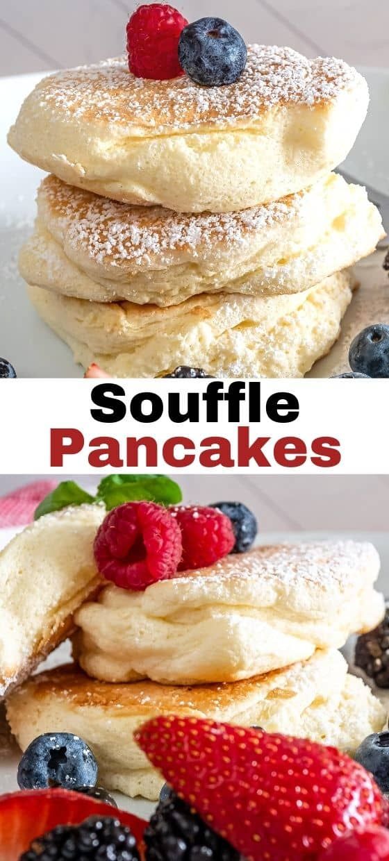 pancakes stacked on top of each other with berries and powdered sugar in the middle