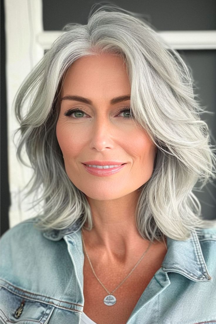 Shoulder-Length Layers Hairstyle for Women Over 50 with Thick Hair. Shoulder Length Layered Gray Hair, Grey Shoulder Length Hair Over 50, Medium Length Hairstyles For Women Over 55, Thick Gray Hair Over 50, Hairstyles For Thick Wavy Hair Over 50, Gray Hair Bangs Over 50, Mid Length Gray Hair, Shoulder Length Hair Grey, Short Hair Highlights And Lowlights Older Women