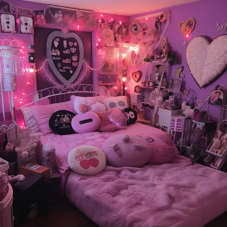 a bedroom decorated in pink and white with lots of decorations on the wall above the bed