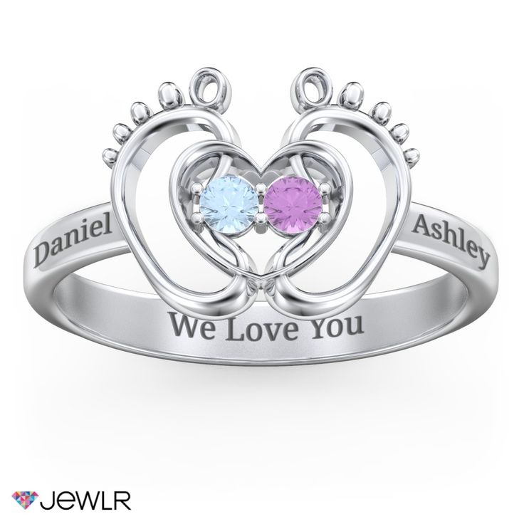 An adorable gift for a new Mom, this ring features sparkling birthstones set within a delicate heart and cushioned between tiny feet. Personalize with your choice of round-cut gemstones or premium cubic zirconia to represent baby and Mom or siblings. Design in sterling silver, white, yellow, or rose gold and add a base engraving for a sentimental touch. Heart Shaped Birthstone Ring With Diamond Accents, Personalized Silver Heart Cut Birthstone Ring, Personalized Diamond Heart Ring As Gift, Personalized Diamond Heart Ring For Gift, Personalized Diamond Heart Ring Gift, Personalized White Gold Diamond Birthstone Ring, Personalized White Gold Birthstone Ring For Mother's Day, Personalized Cubic Zirconia Rings For Birthday, Personalized White Sterling Silver Heart Ring