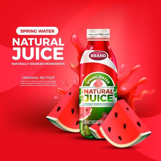 a bottle of juice with slices of watermelon next to it on a red background