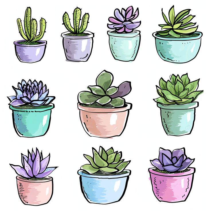 Various Potted Succulent Plants in Minimalist Pen Drawing Style Succulent In Pot Drawing, Succulent Plant Drawing, Plant In Pot Illustration, Succulent Drawing Sketches, Cute Succulent Drawing, Potted Plant Drawing, Draw Succulents, Succulent Drawings, Drawing Succulents