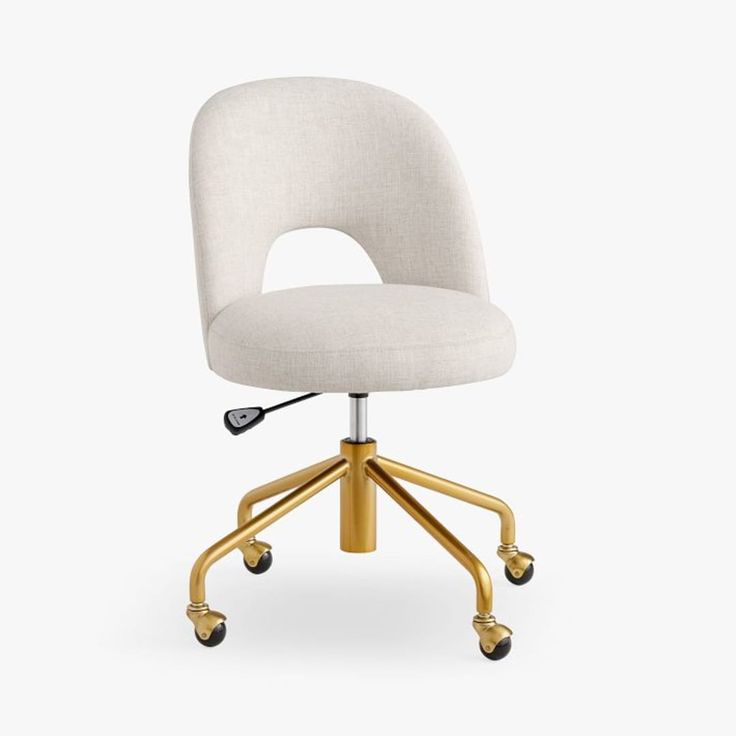 an office chair with wheels and a white upholstered seat, viewed from the front