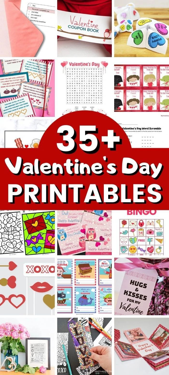 valentine's day printables for kids with the title overlay that reads 35 + valentine's day printables