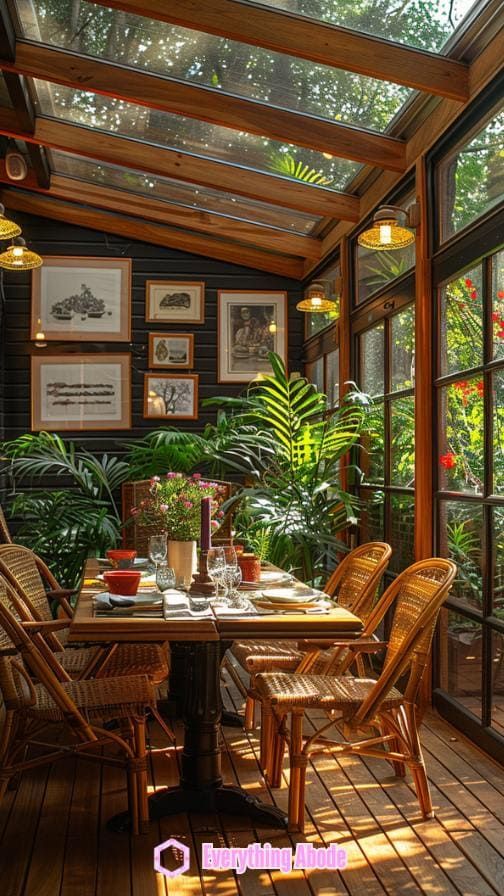 a dining room with wooden floors and lots of plants