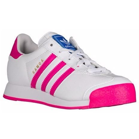 ADIDAS Originals Samoa - Girls' Preschool in White/Shock Pink/White. Adidas Low-top Sneakers For School, Adidas Sporty Sneakers For School, Sporty Adidas Sneakers For School, Sporty Low-top Running Shoes For School, Adidas School Sneakers, Sporty High-top Running Shoes For School, Sporty School Sneakers With Elastic Laces, Sporty Synthetic Sneakers For School, Pink Synthetic Sneakers For School